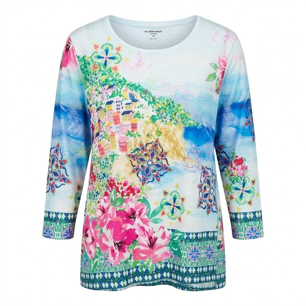 NEW Allison Daley Woman‎ 3X Tunic Top Coastal Village Floral Rhinestone